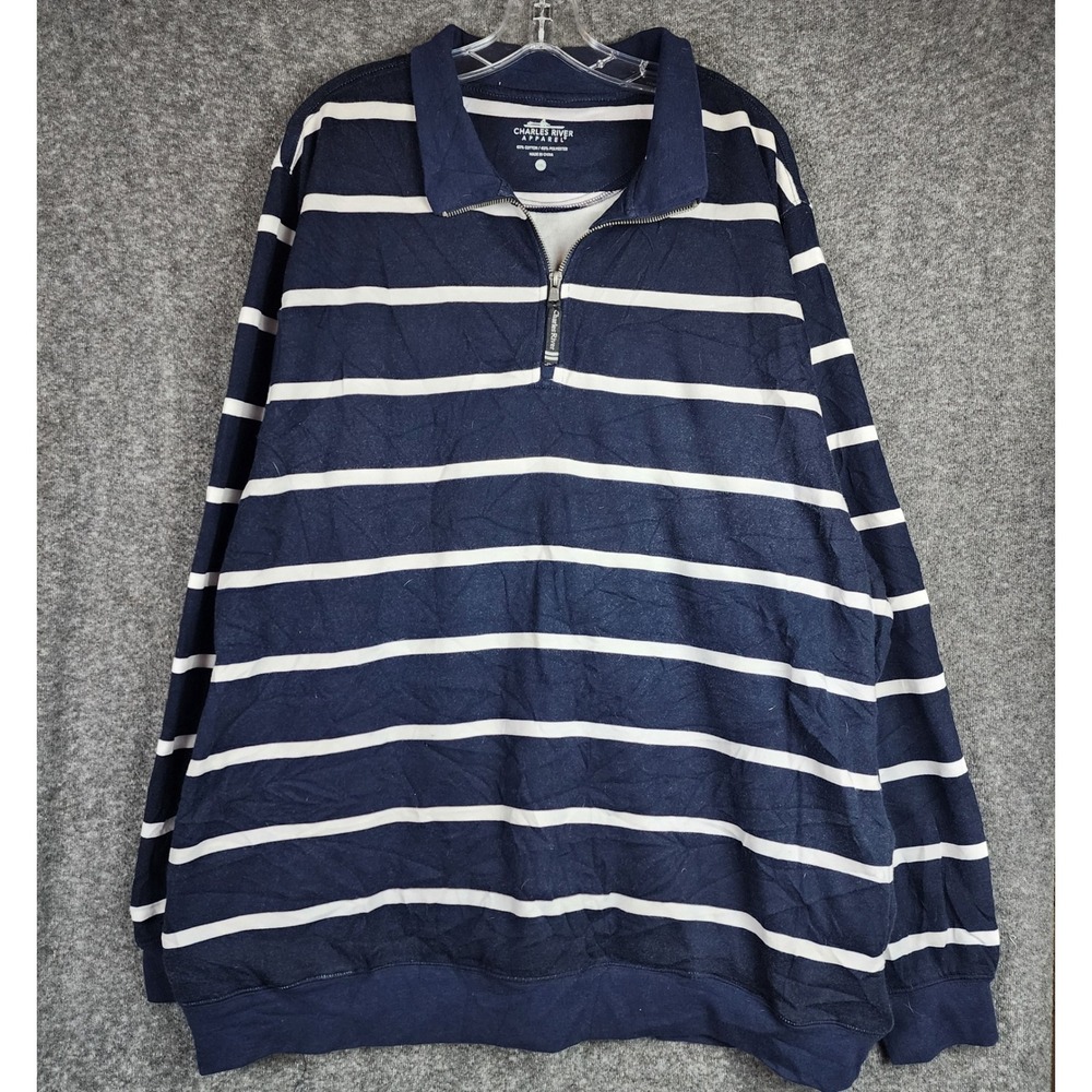 Charles River Pullover Mens 2XL Striped Navy Blue Quarter Zip EUC